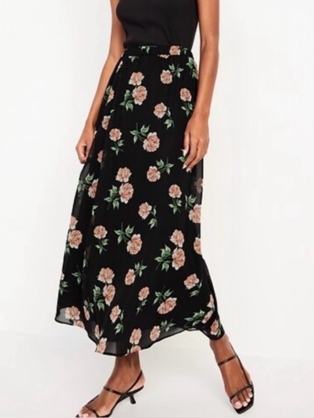 Old Navy Black Floral Maxi Skirt with Peach Roses, Lined, Size M